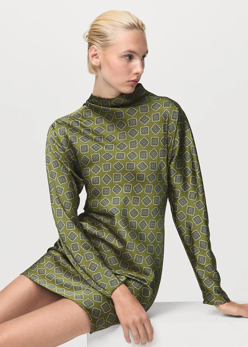 Satin printed dress with perkins collar