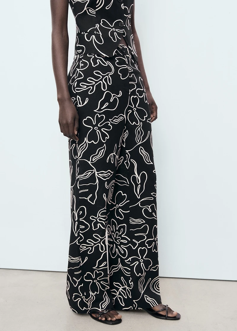 Floral-print linen-blend pants