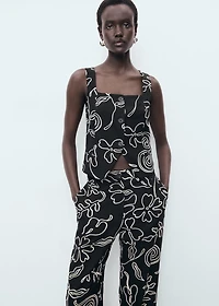Floral-print linen-blend pants