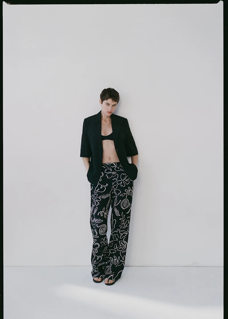 Floral-print linen-blend pants