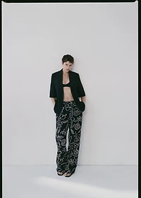 Floral-print linen-blend pants