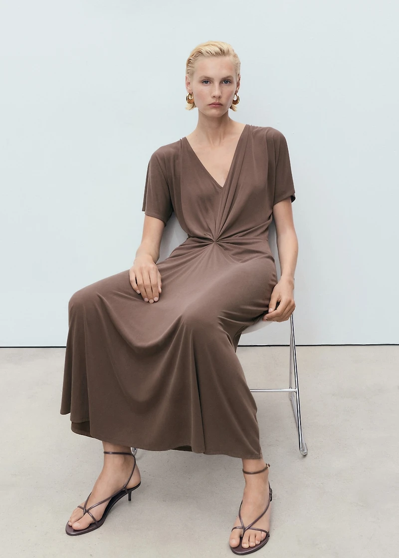 V-neck dress with gathered neckline