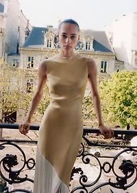 Asymmetrical satin dress with fringes