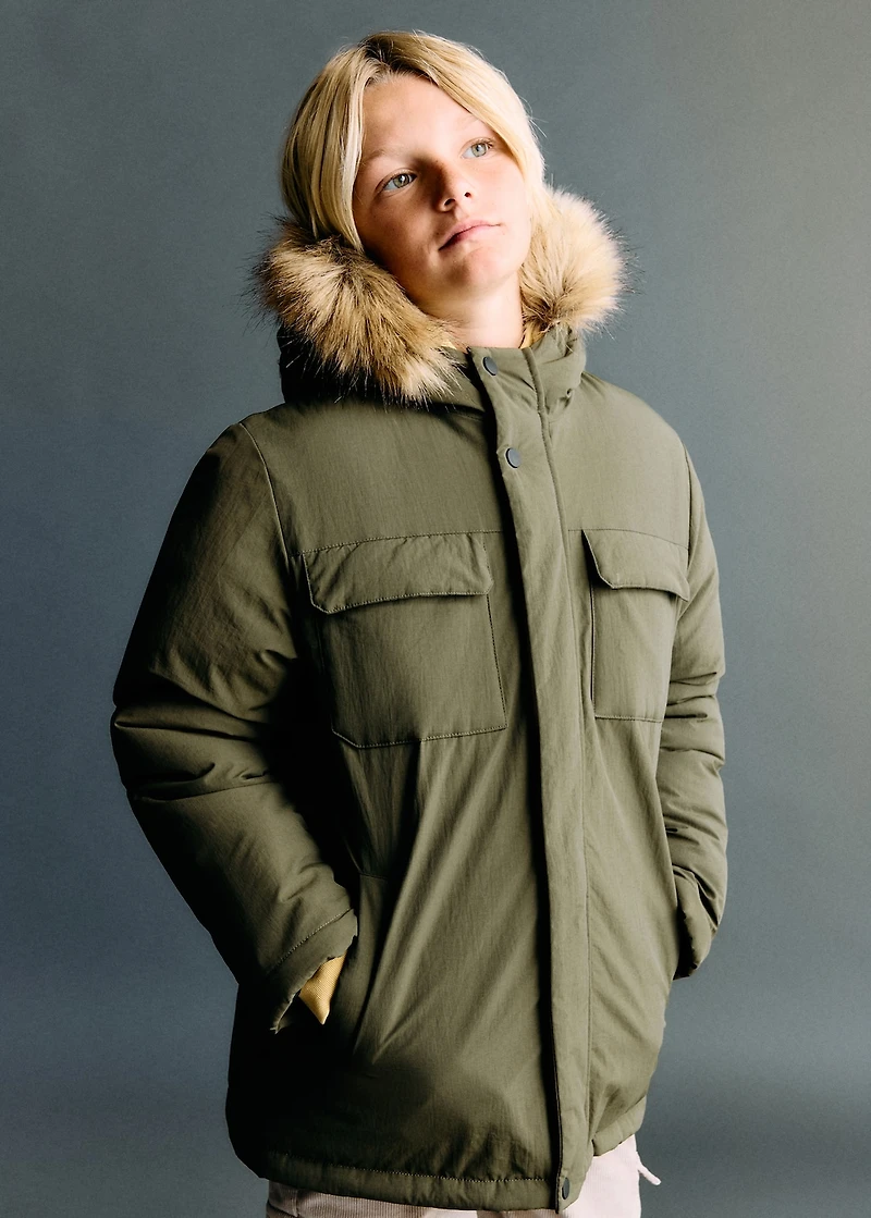 Anorak with shearling-effect hood