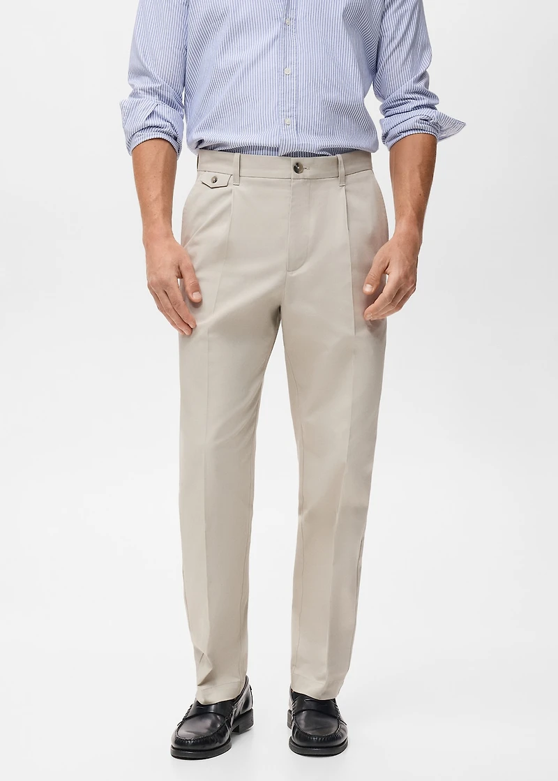 Regular fit pleated cotton pants