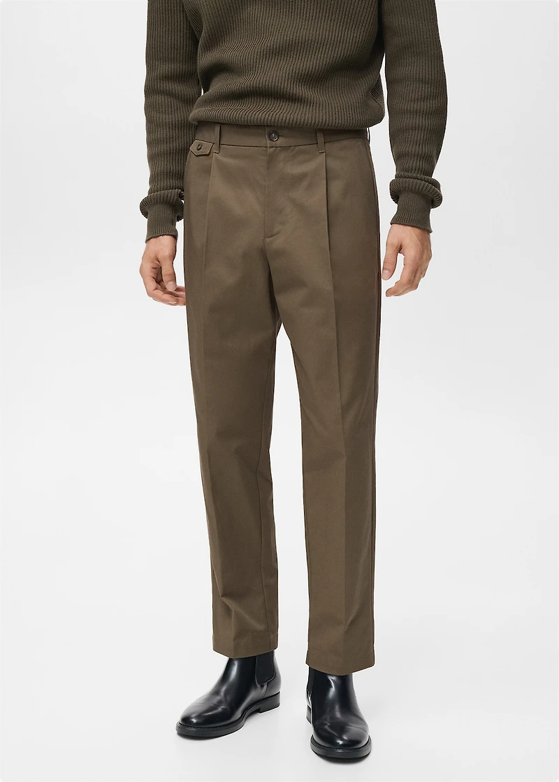 Regular fit pleated cotton pants