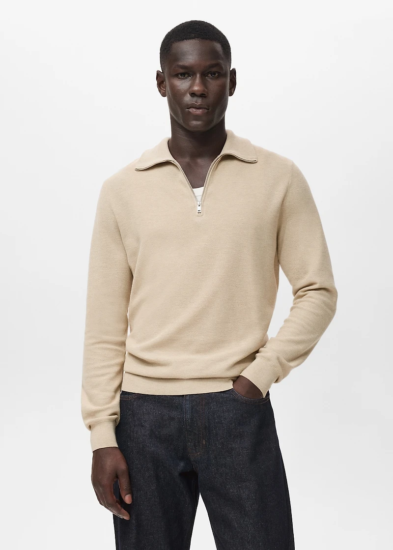 Microstructure sweater with zipper collar