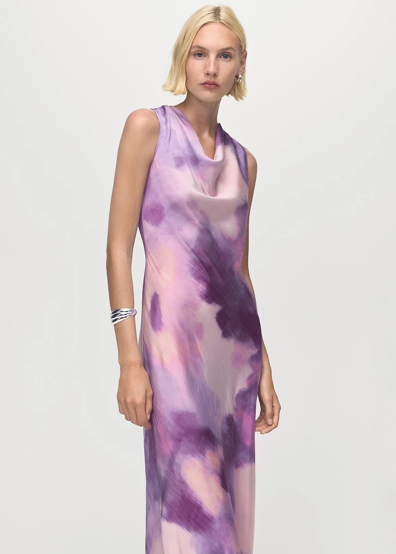 Satin tie-dye dress with draped neckline