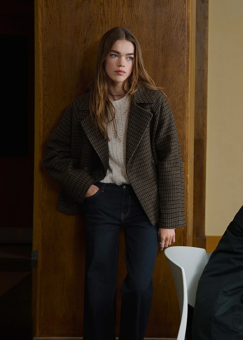 Checked wool-blend coat