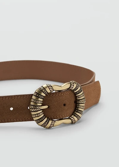 Suede leather belt with engraved buckle
