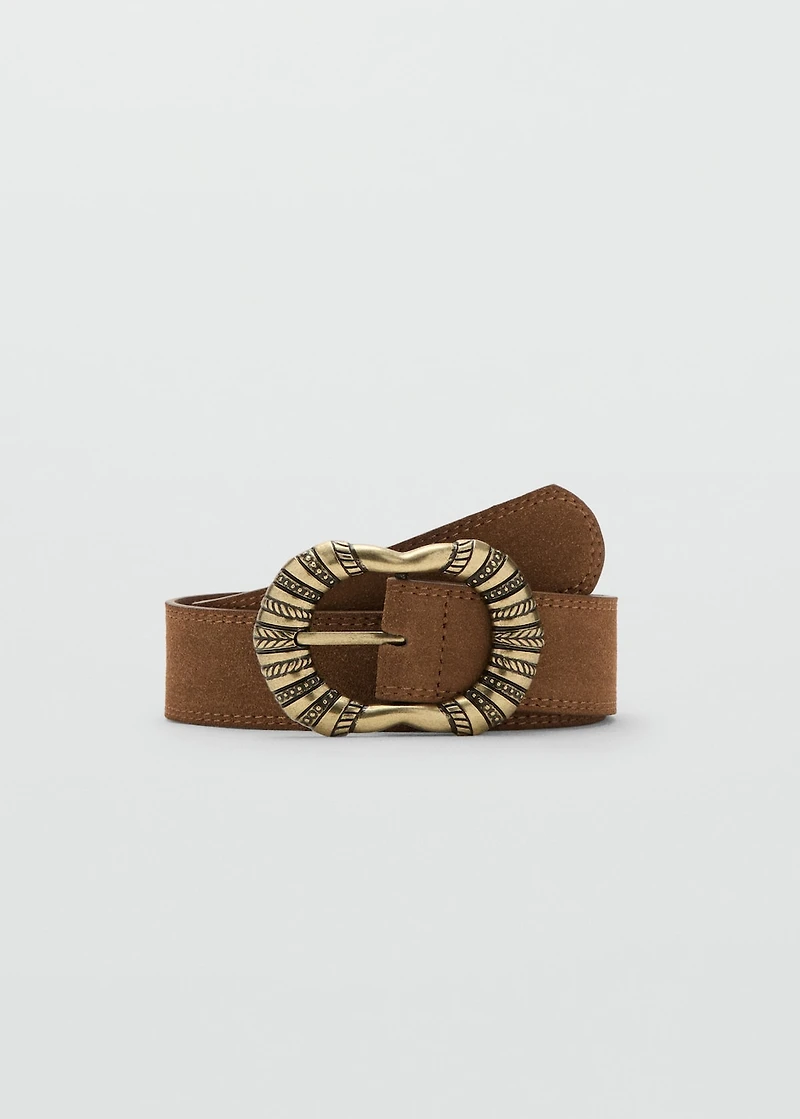 Suede leather belt with engraved buckle