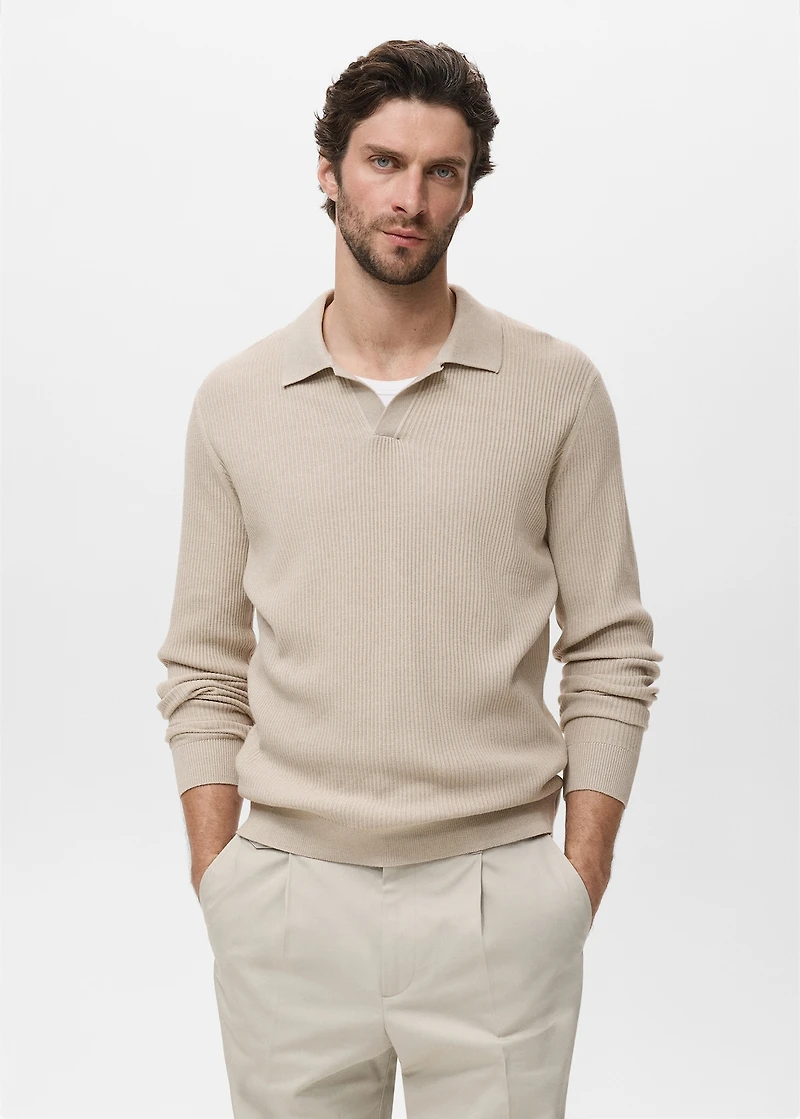 Cotton-blend ribbed polo sweater