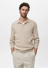 Cotton-blend ribbed polo sweater