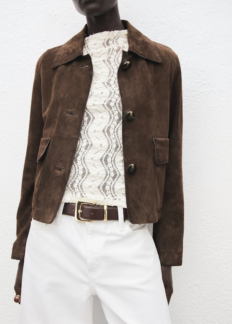 Sweater with perkins collar and lace design