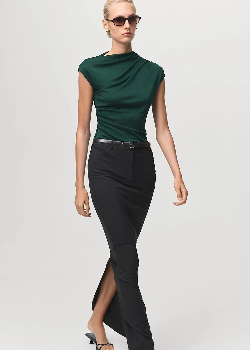 T-shirt with gathered asymmetrical neck