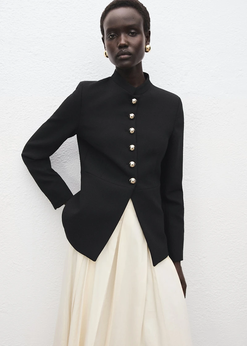 Jacket with jewel-button strip collar