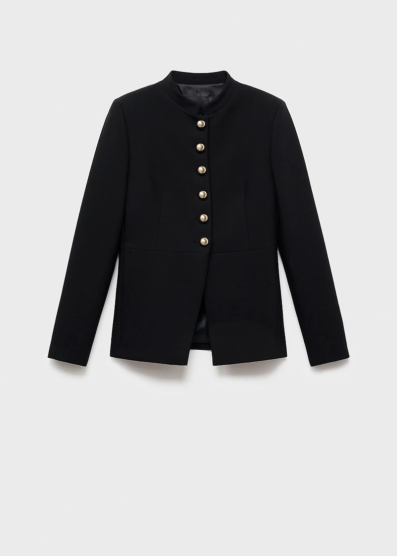 Jacket with jewel-button strip collar