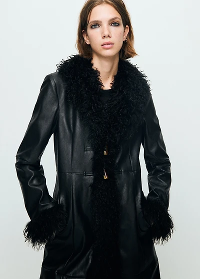 Faux-leather coat with fur trim