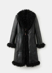 Faux-leather coat with fur trim