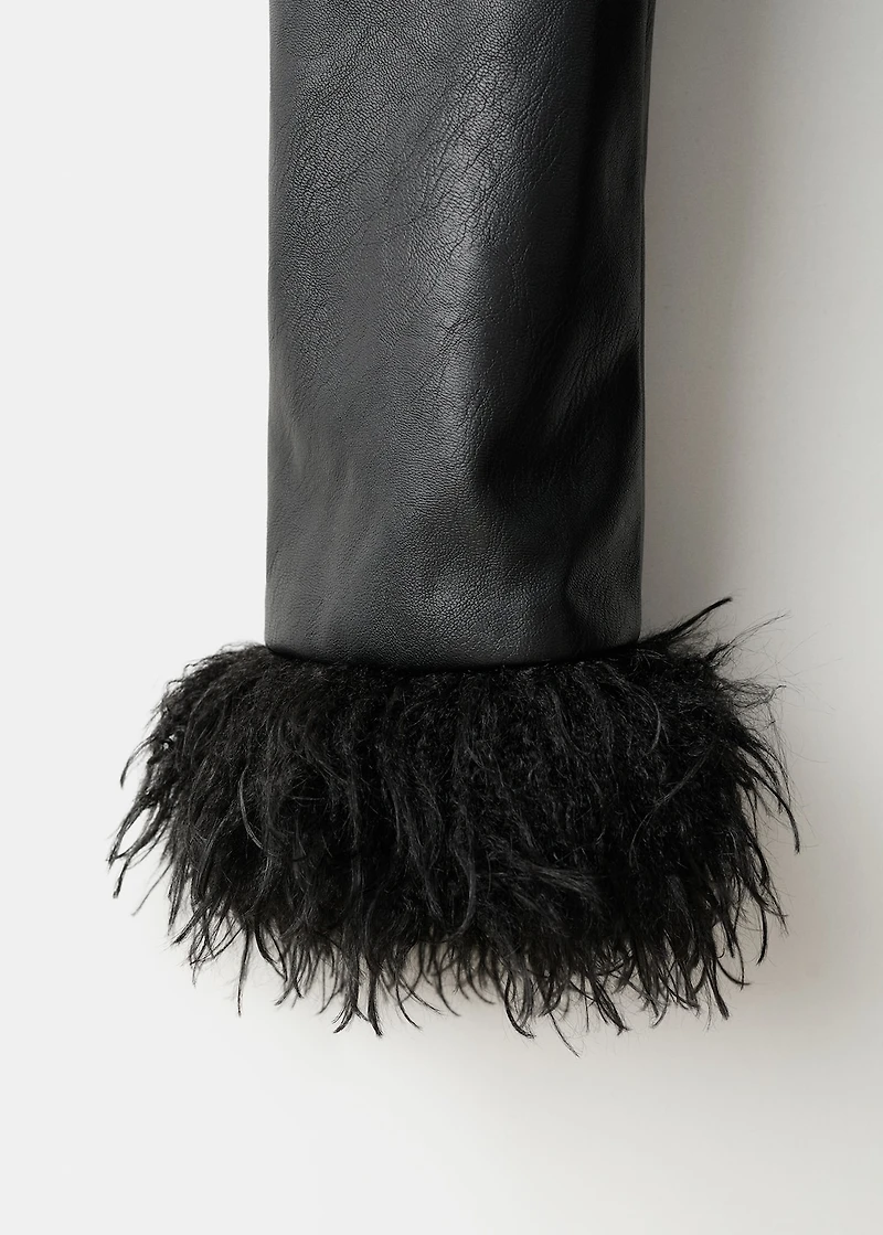 Faux-leather coat with fur trim