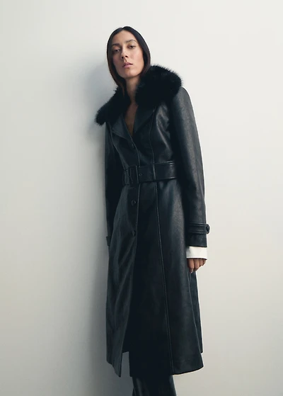 Faux leather coat with fur collar