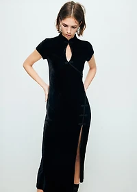 Velvet dress with toggle fastenings and slit