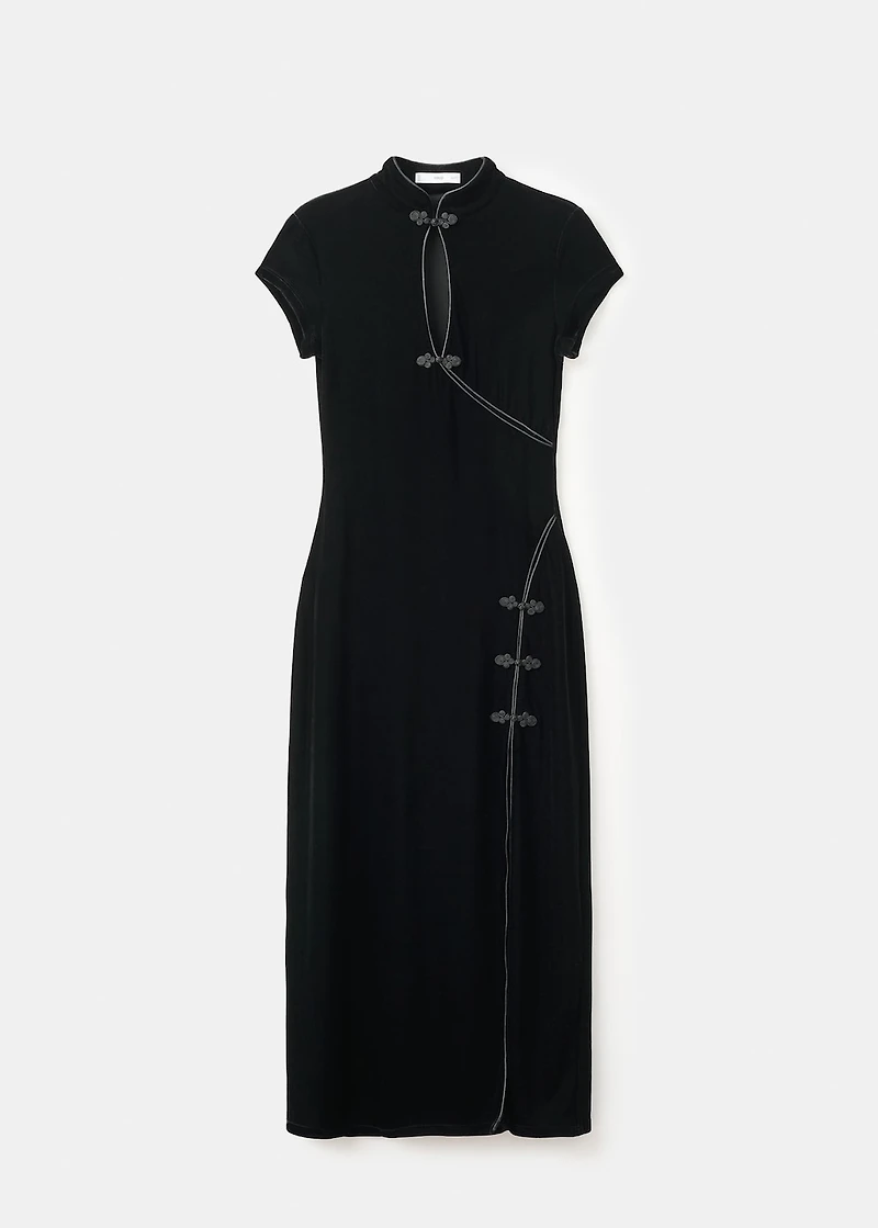 Velvet dress with toggle fastenings and slit