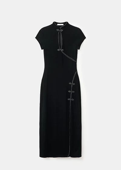 Velvet dress with toggle fastenings and slit