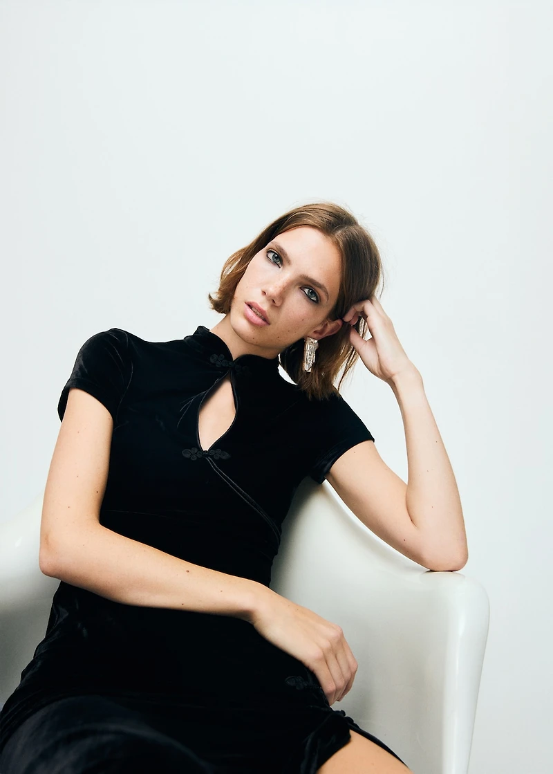 Velvet dress with toggle fastenings and slit