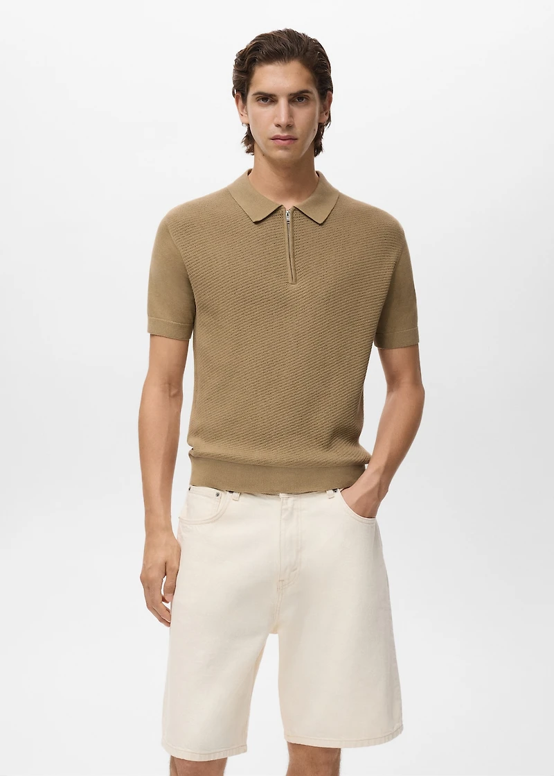 Knitted polo shirt with zipper and lace accents