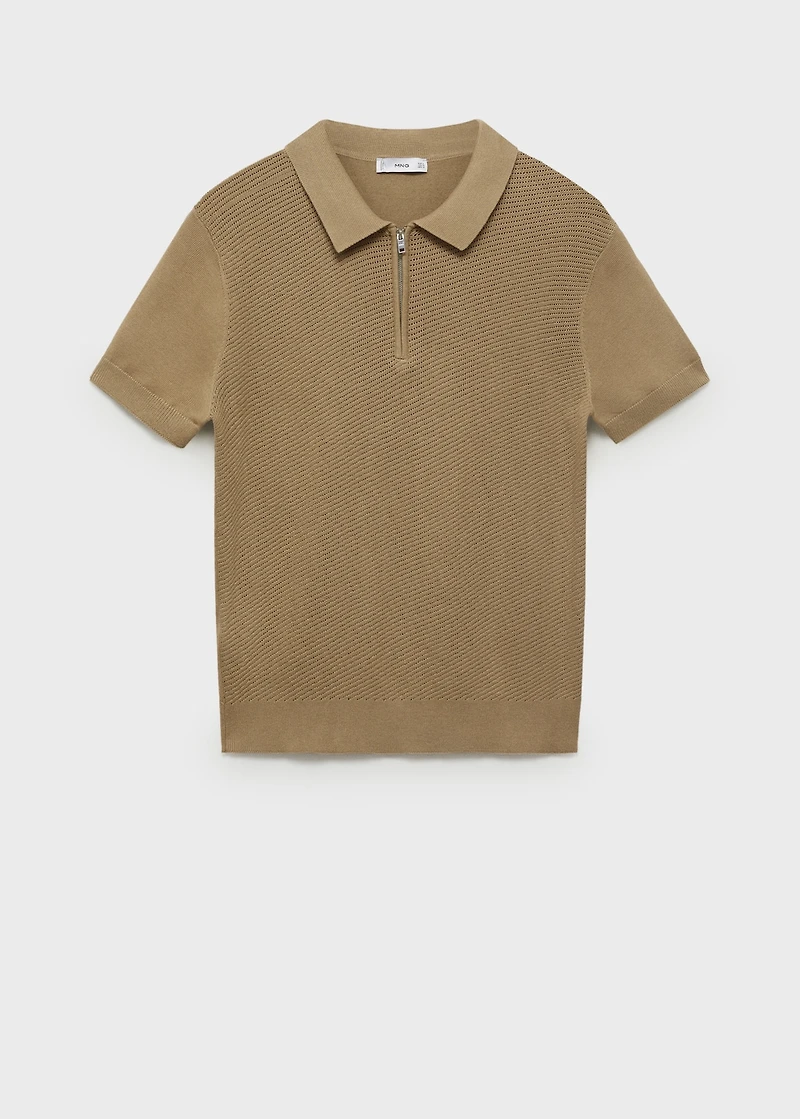 Knitted polo shirt with zipper and lace accents