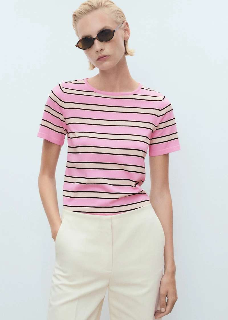 Short-sleeved sweater with combined stripes