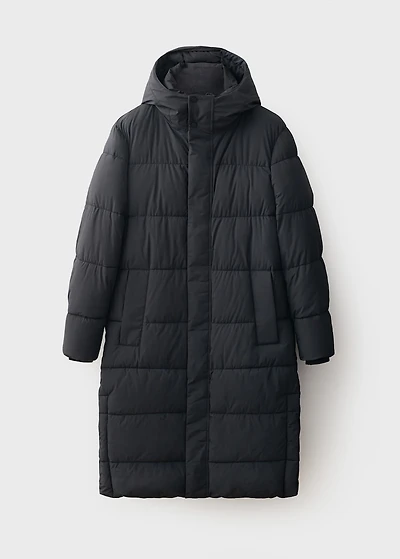 Water-repellent quilted long anorak