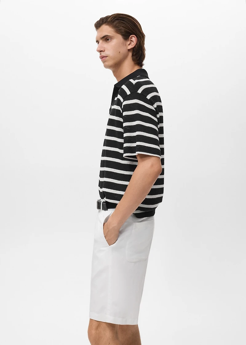 Striped braided-knit polo shirt