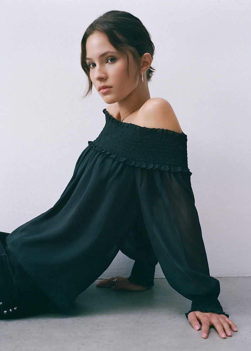 Strapless blouse with ruffled panel