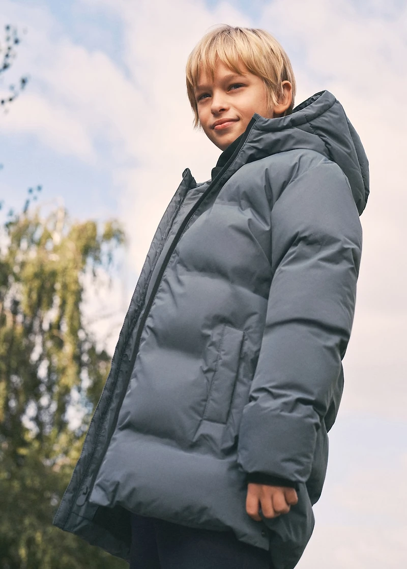 Long padded anorak with hood