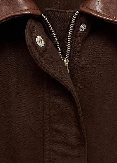 Denim parka with faux-leather collar