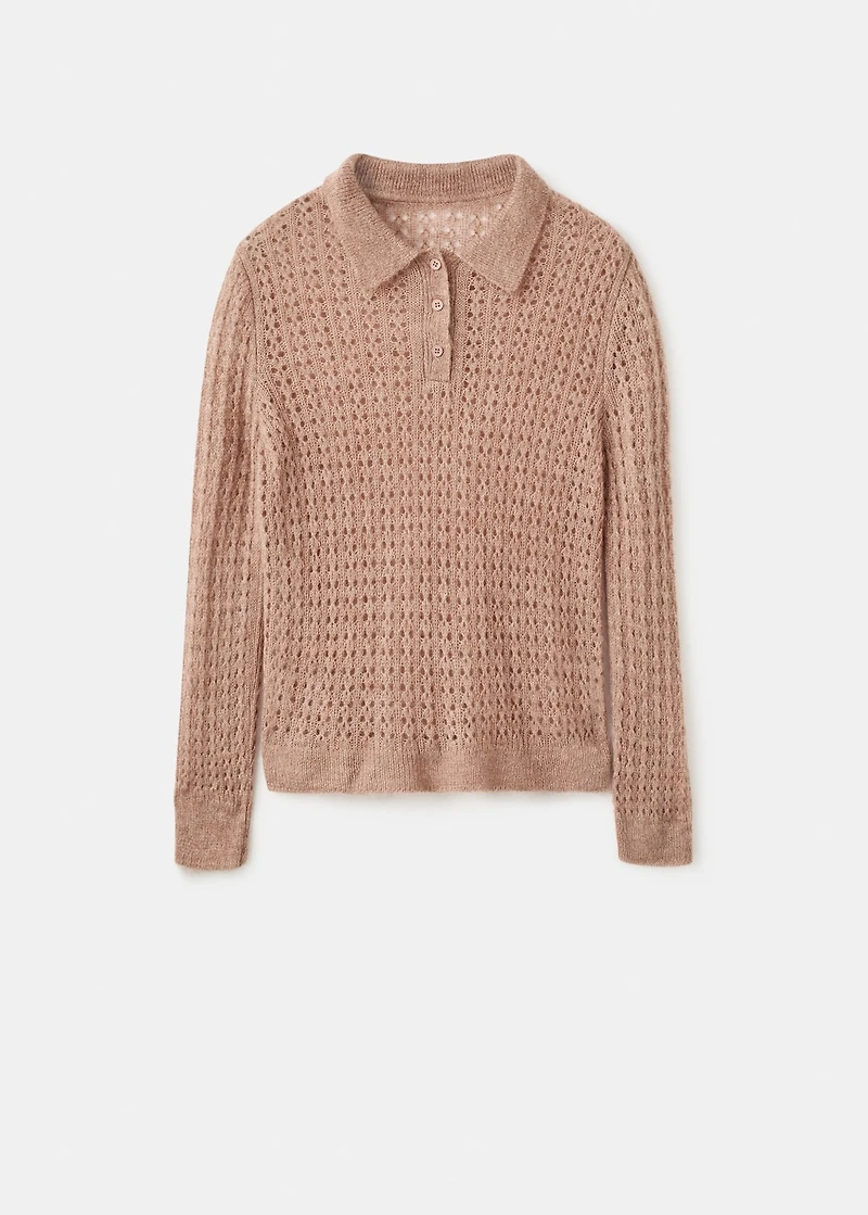 Openwork knitted polo-neck sweater