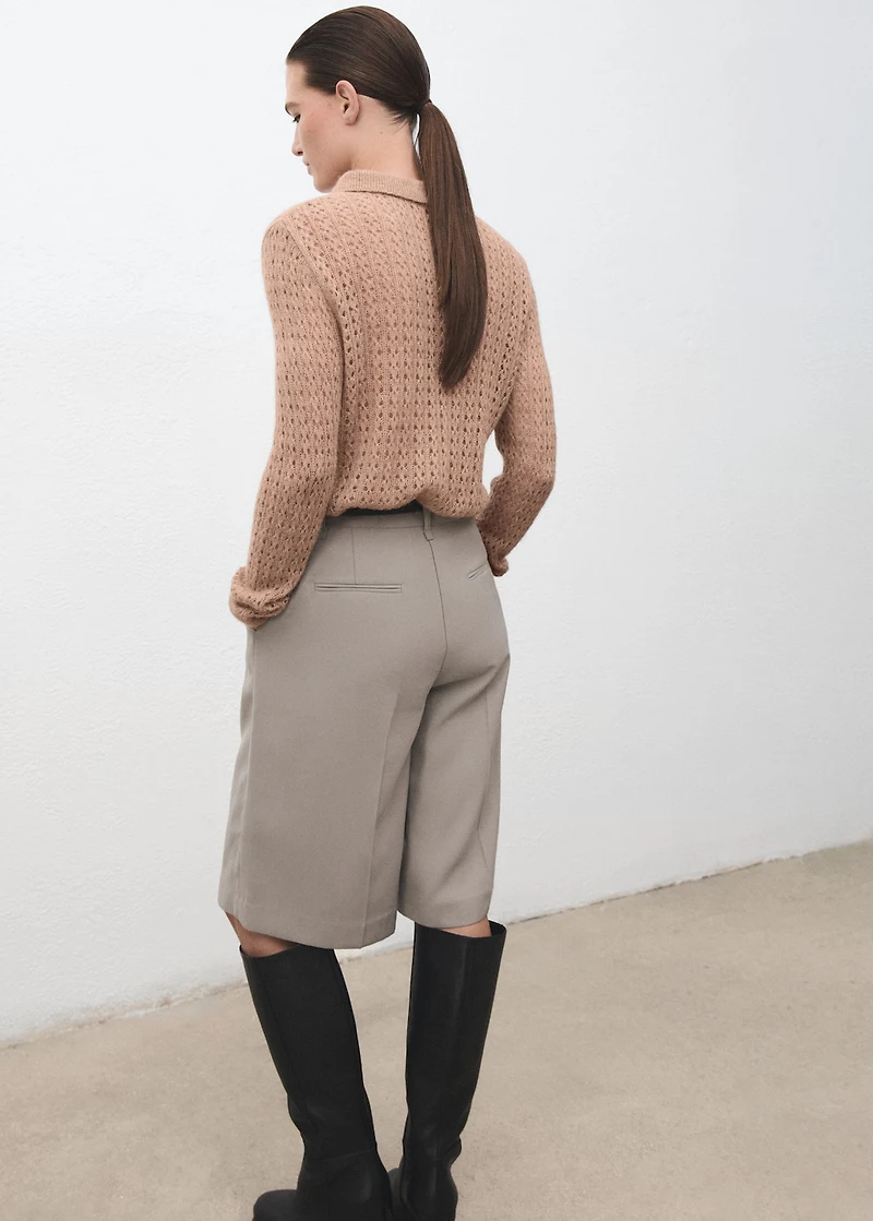 Openwork knitted polo-neck sweater