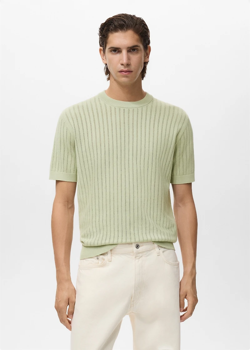 Striped openwork cotton t-shirt