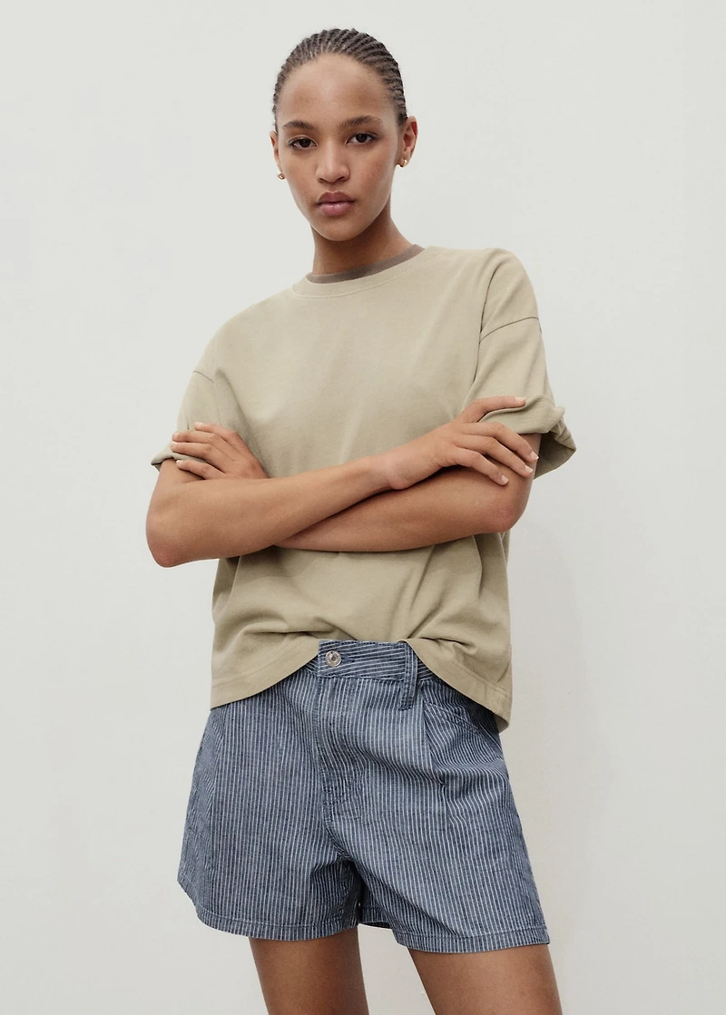 Striped denim shorts with pleats