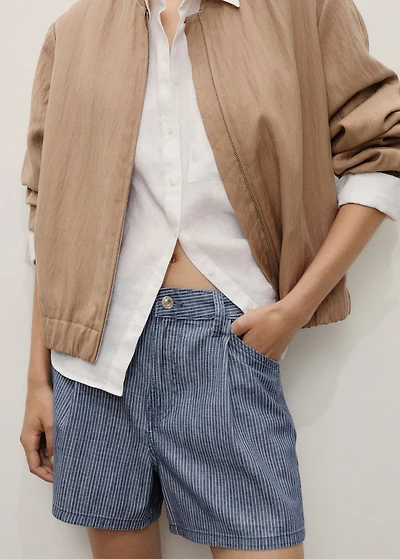 Striped denim shorts with pleats