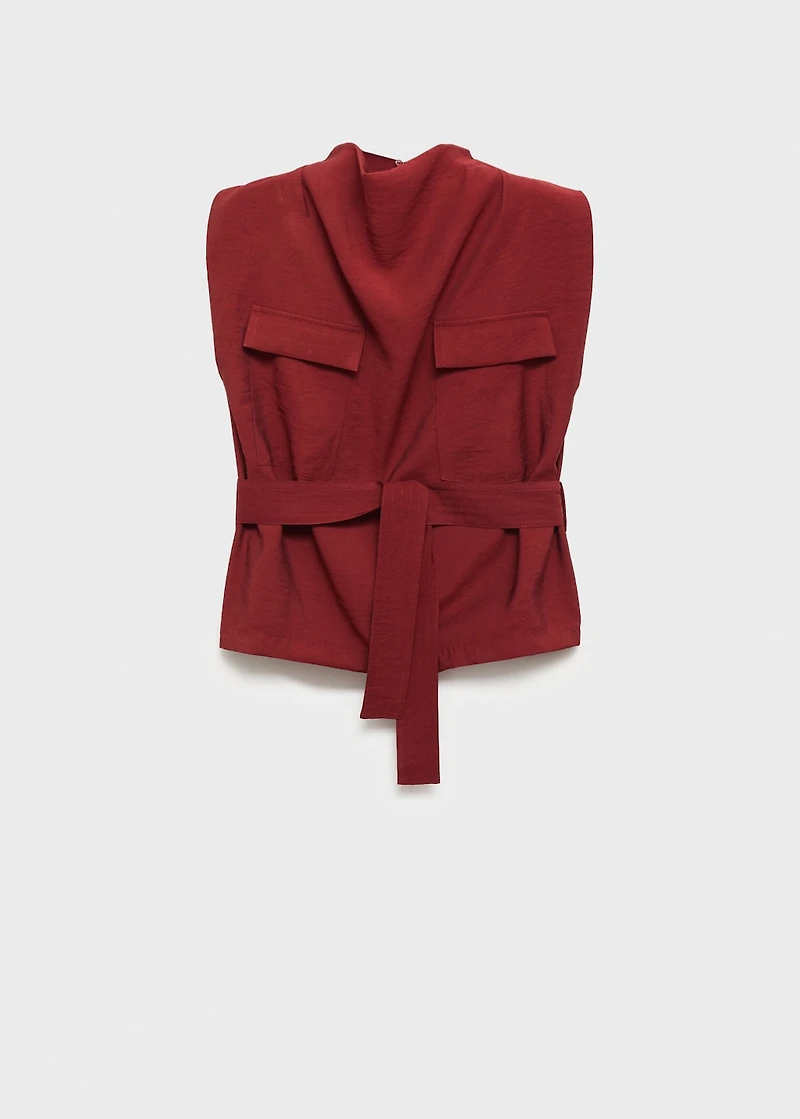 Blouse with draped neck and belt