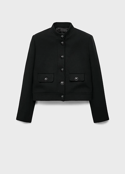 Jacket with jewel-button strip collar