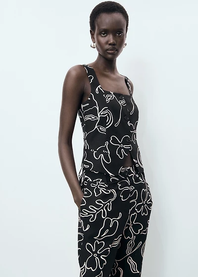 Floral-print linen suit vest