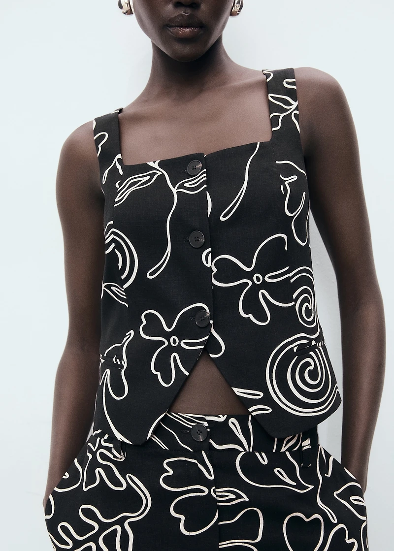 Floral-print linen suit vest