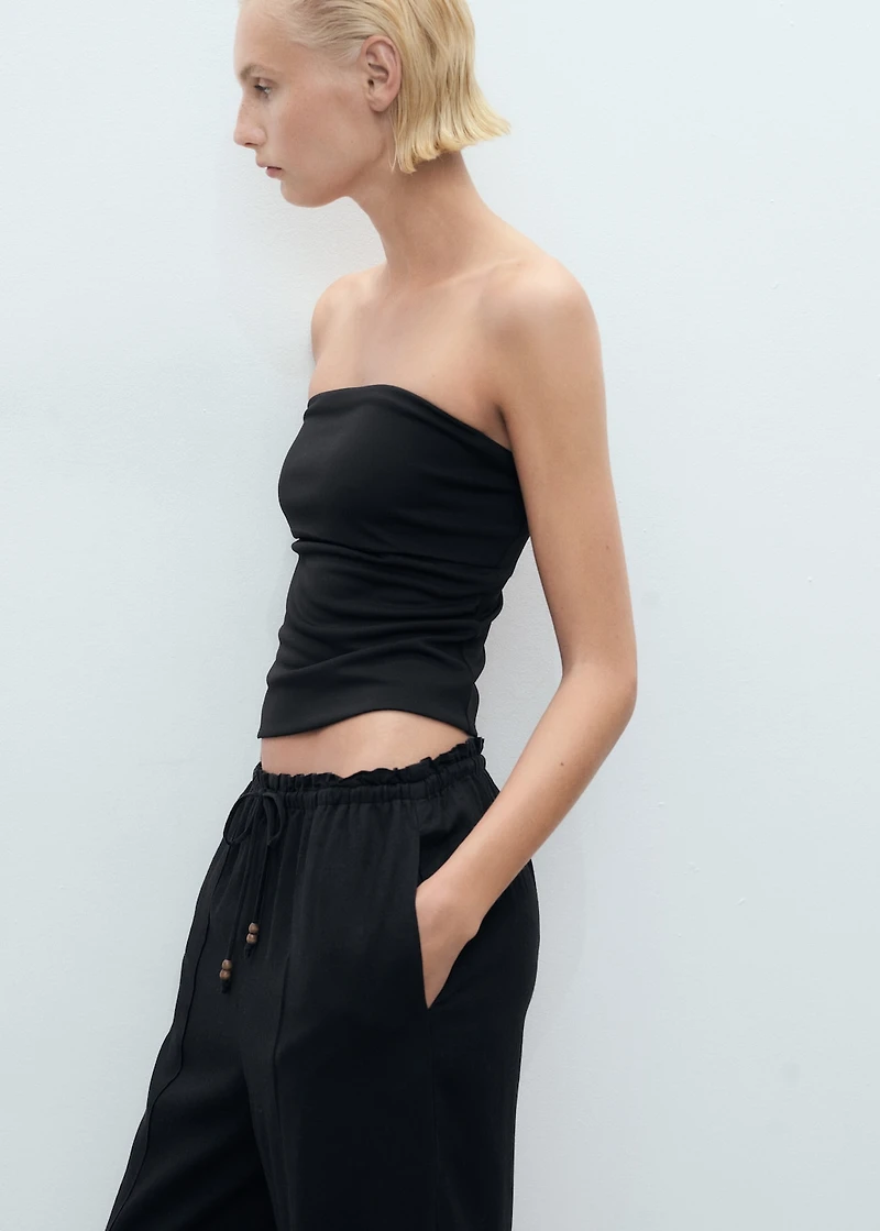 Linen-blend elastic waist pants