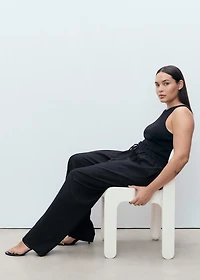 Linen-blend elastic waist pants