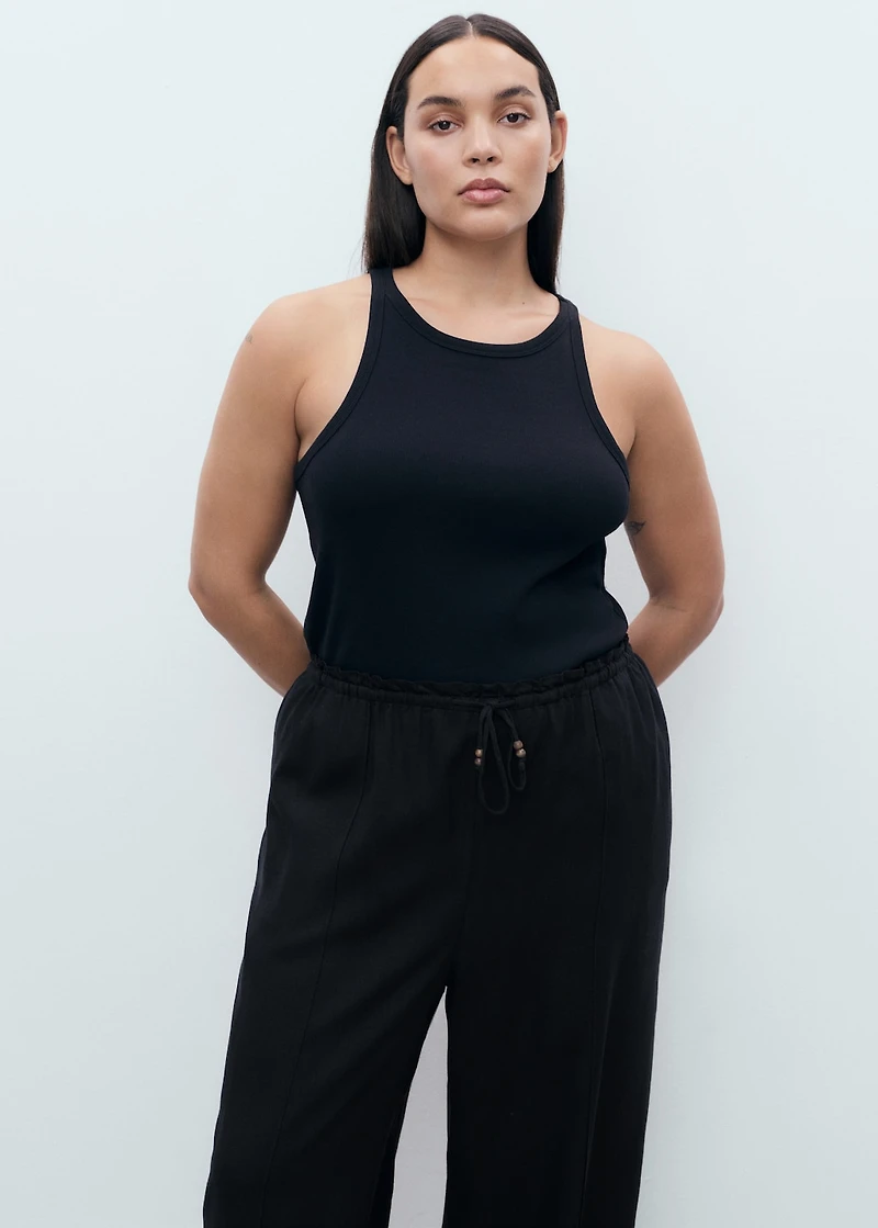 Linen-blend elastic waist pants