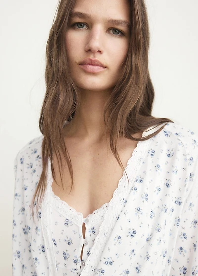 Floral-print dressing gown with lace trim